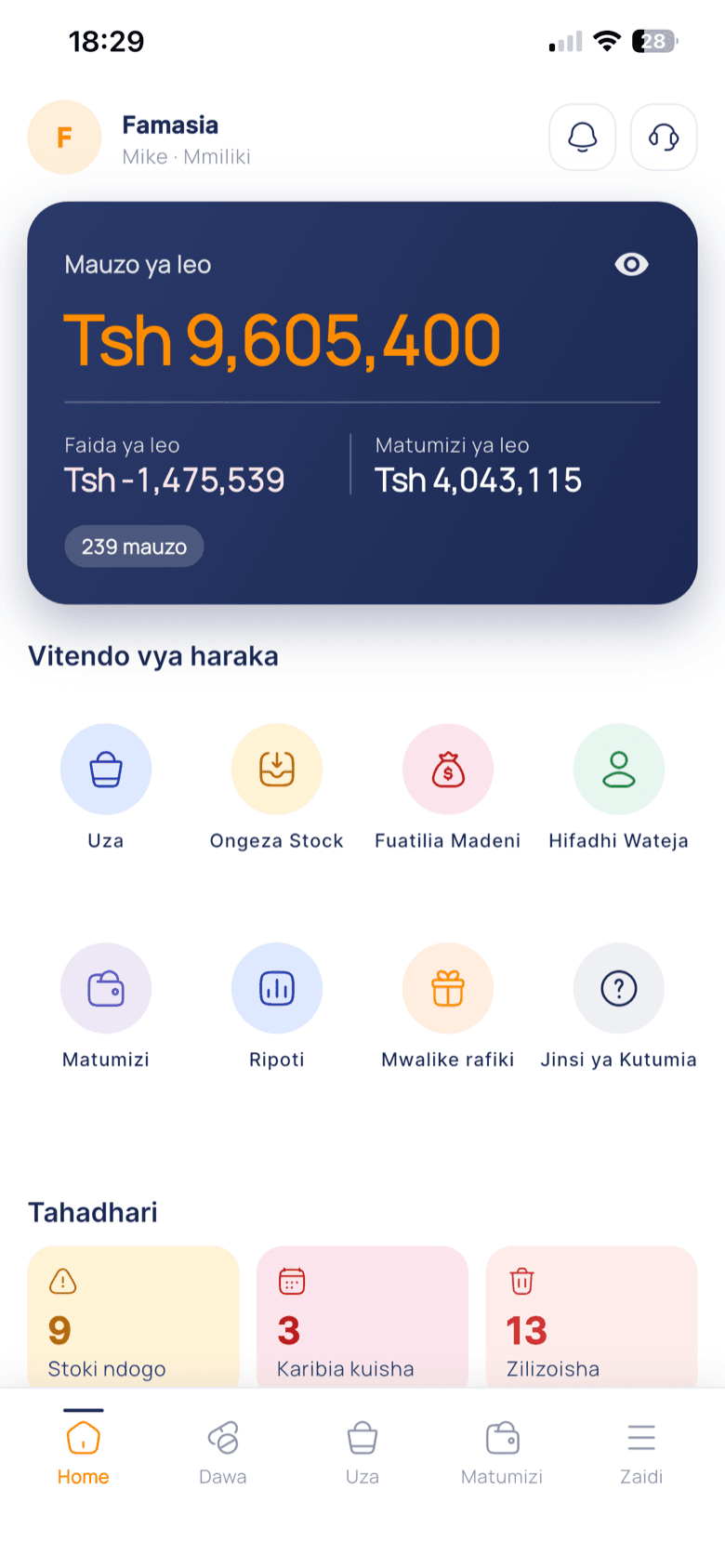 Famasia mobile app home screen: today's sales, quick actions and stock alerts