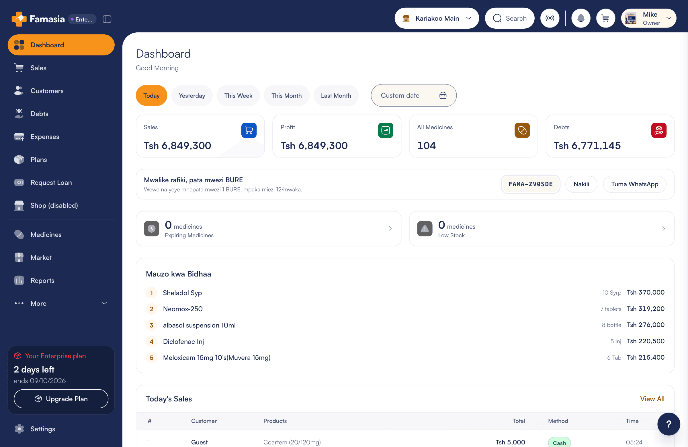 Famasia dashboard on a computer, from the demo: today's sales, profit, medicines and debts