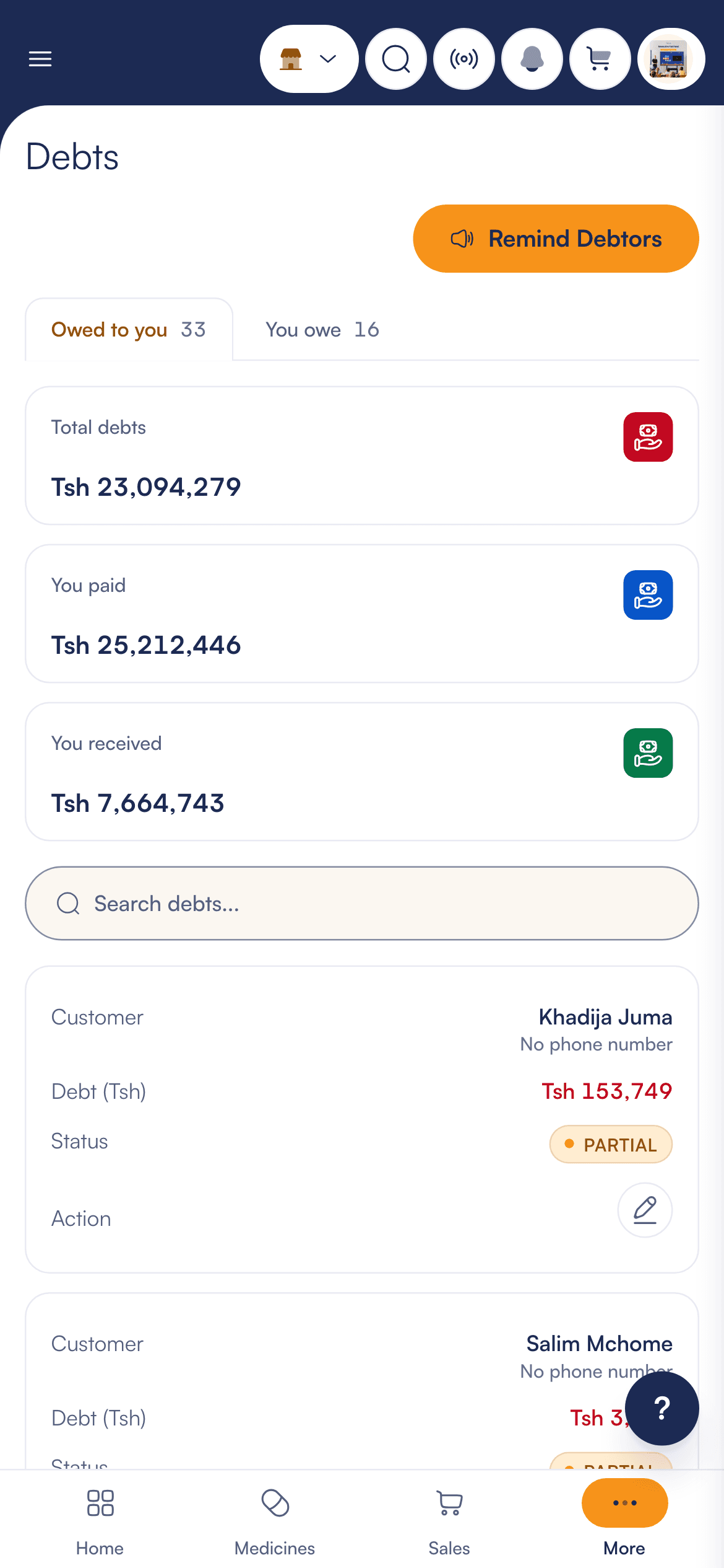 Debts page in the demo: customers with debts and their balances