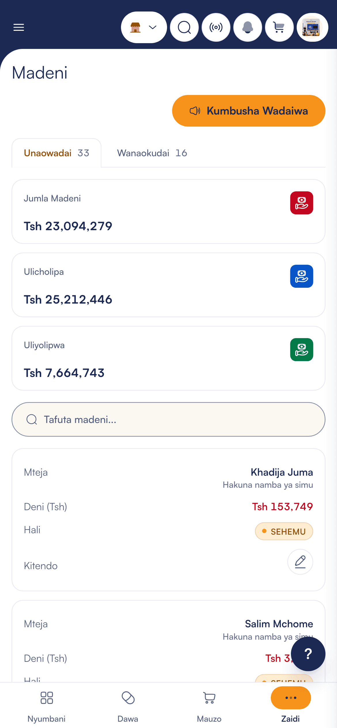 Ukurasa wa Madeni kwenye demo: wateja wenye madeni na salio lao